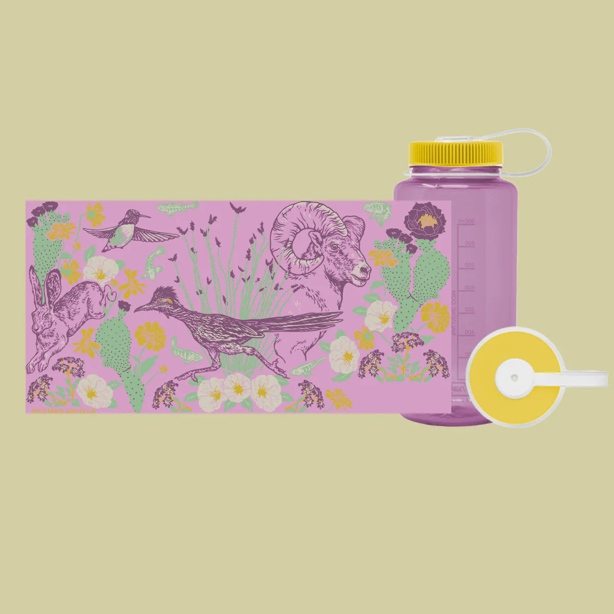 Translucent purple 32oz Mustard Beetle Nalgene bottle with yellow lid, near pink Anza Borrego animal desert sticker. Eco-friendly.