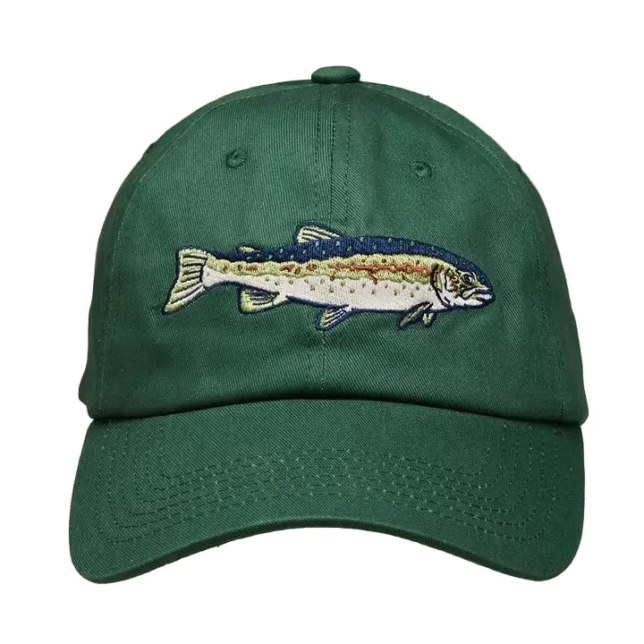 Mustard Beetle Steelhead Trout Ball Cap for Caltrout—green hat with embroidered fish, perfect for anglers, supports conservation.