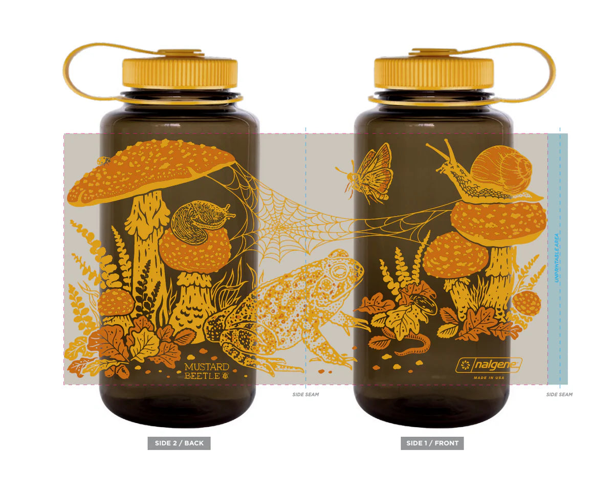 Mustard Beetle 32oz Mushroom & Toad Woodmans Nalgene Water Bottle