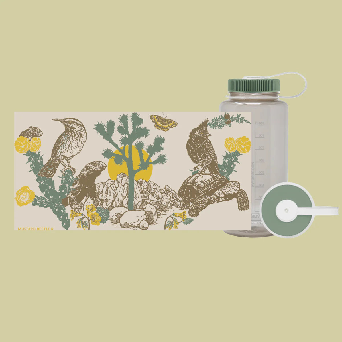 Desert animals, yellow wildflowers, and a tree beside a Mustard Beetle Joshua Tree Nalgene water bottle art print decor.