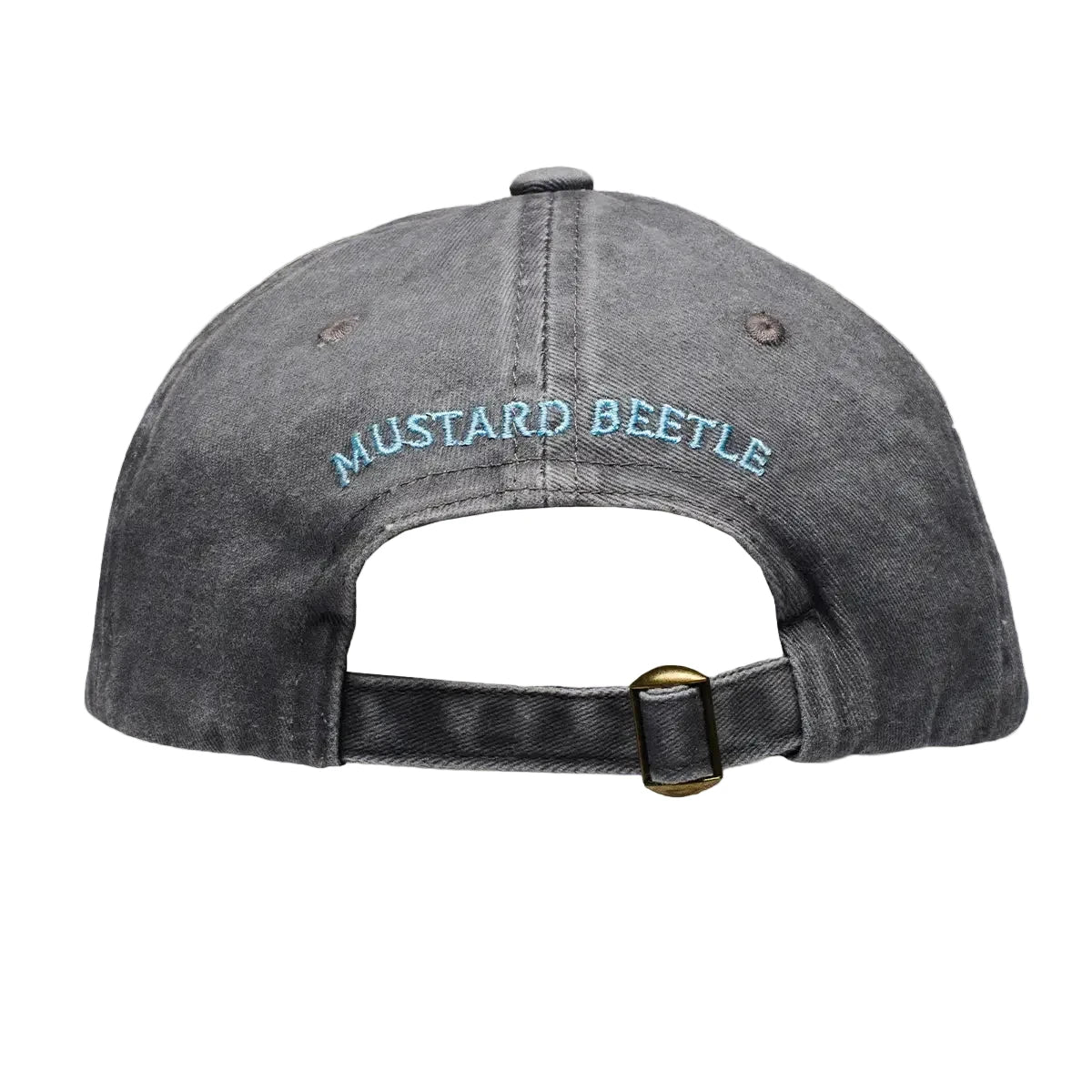 Gray Mustard Beetle Ball Cap Quail, back view, blue MUSTARD BEETLE text embroidered above adjustable strap. Trendy hat style.