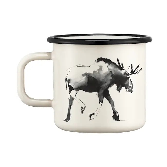 Muurla Teemu Järvi 0.37L enamel mug with black-and-white moose design, ideal Nordic gift for wildlife and nature lovers.