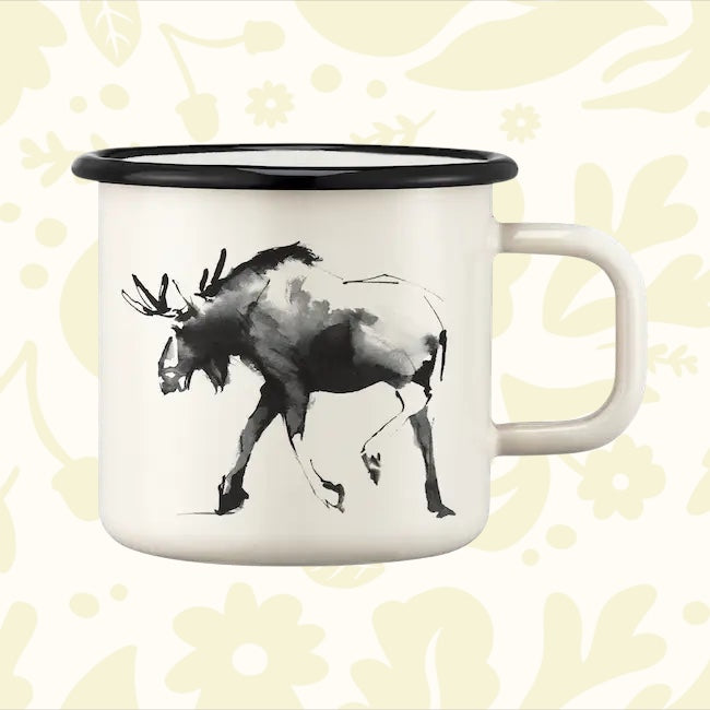 Shop the Muurla Teemu Järvi 0.37L enamel mug with a stylish moose print and black rim—Scandinavian design for outdoors lovers.