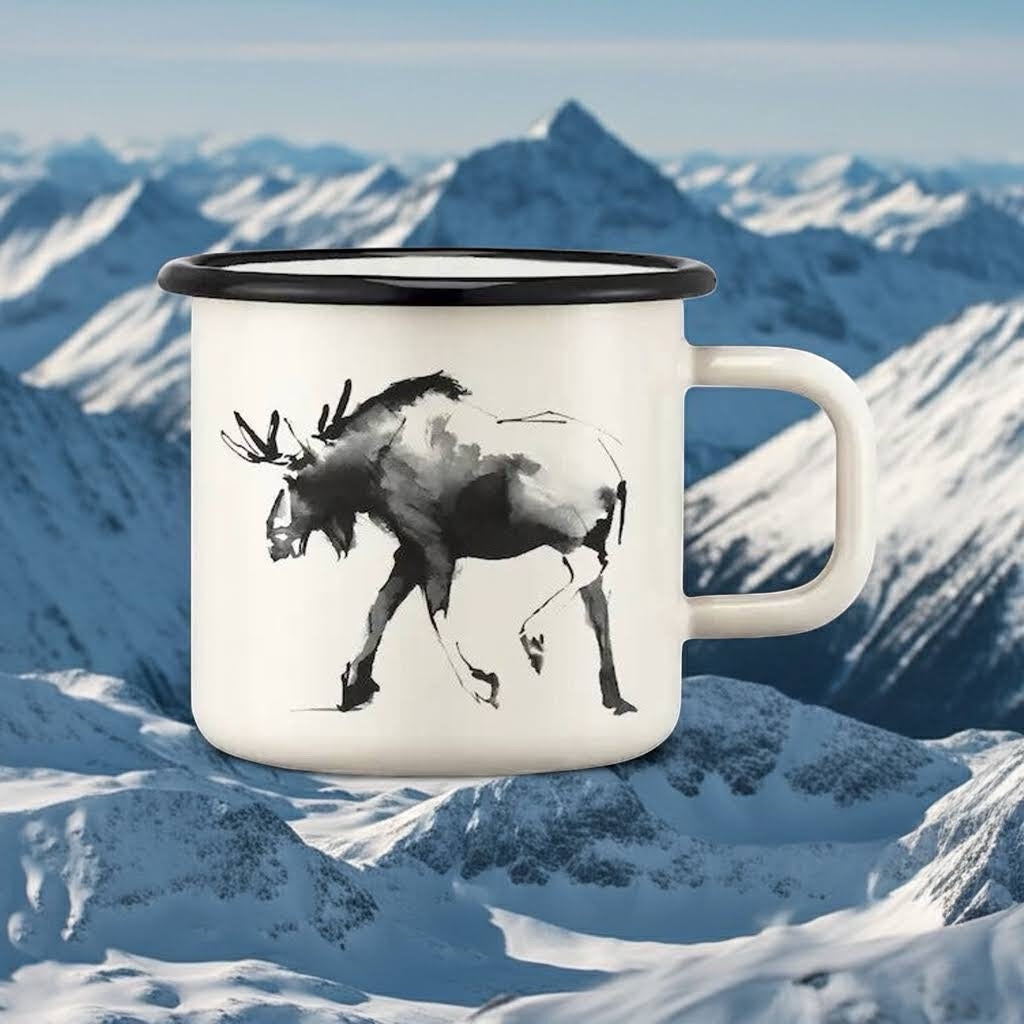 Forager Provisions LTD Muurla enamel mug featuring a black ink moose illustration by Teemu Järvi against snowy mountains