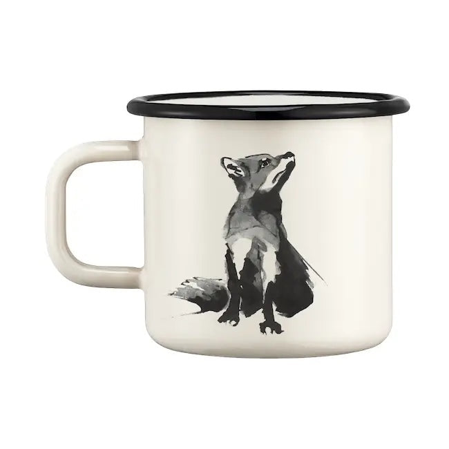 Muurla Teemu Järvi enamel mug 0.37L with fox design, Nordic style, collectible kitchenware, durable camping mug—1 unit.