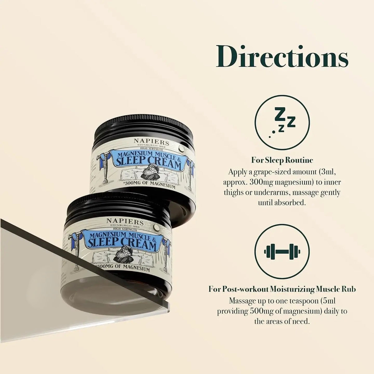 Napiers Magnesium Muscle & Sleep Cream 325g jars stacked on glass shelf with usage directions—muscle relief and relaxation aid.