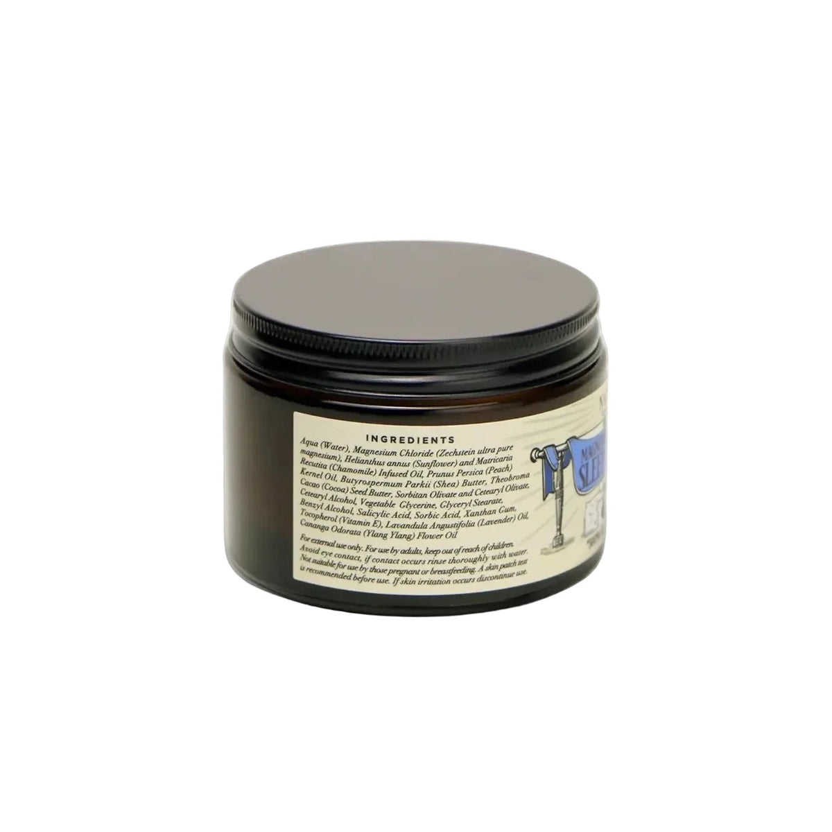 Napiers Magnesium Muscle & Sleep Cream 325g in brown jar with dark lid, featuring product label and small figure design.