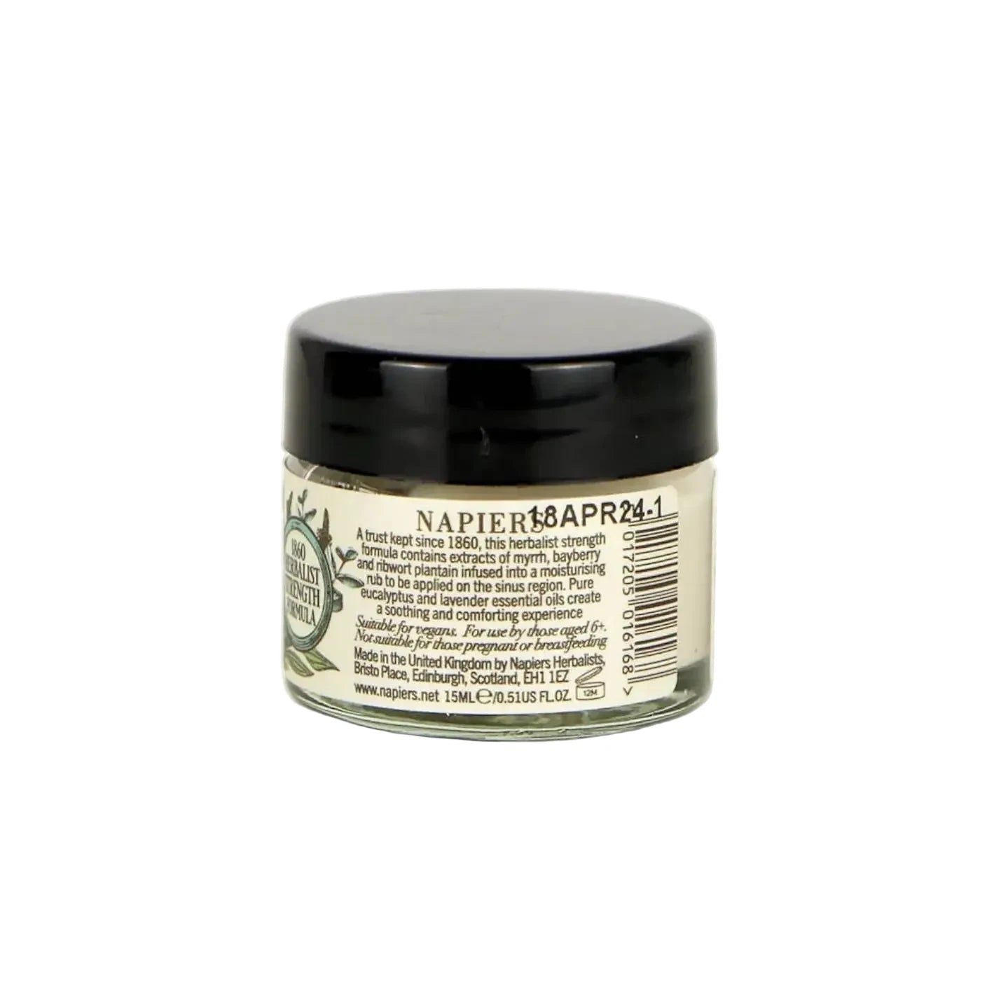 Napiers Sinus Rub Cream 63.5g in jar with black lid, congestion relief, expiry 18 APR 24—sinus congestion remedy image.