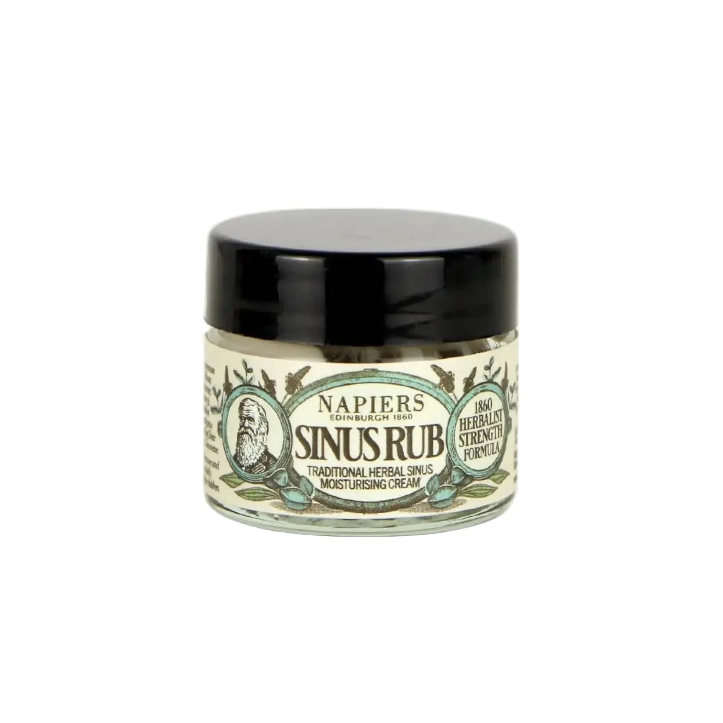 Napiers Sinus Rub Cream 63.5g, herbal congestion relief with black lid, fast-acting natural remedy for outdoor recovery.