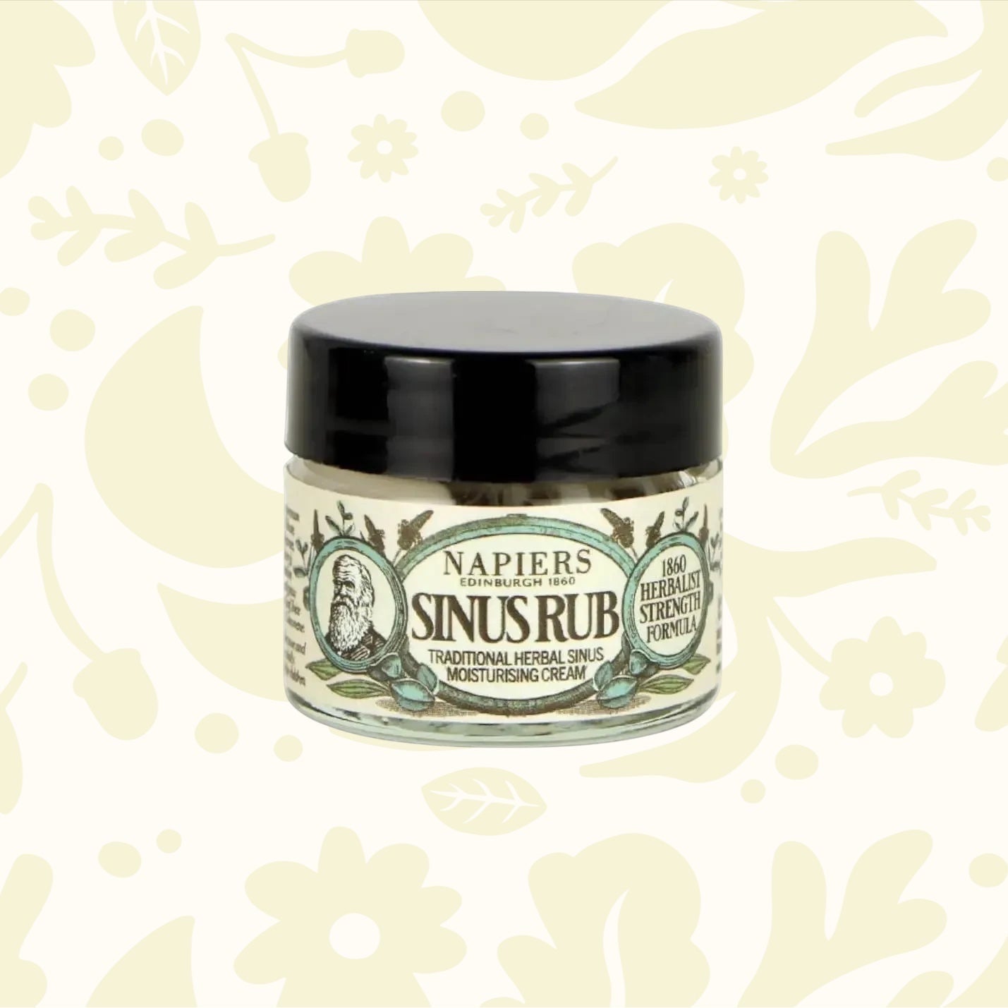 Napiers Sinus Rub Cream 63.5g, herbal congestion relief with black lid, fast-acting natural remedy for outdoor recovery.