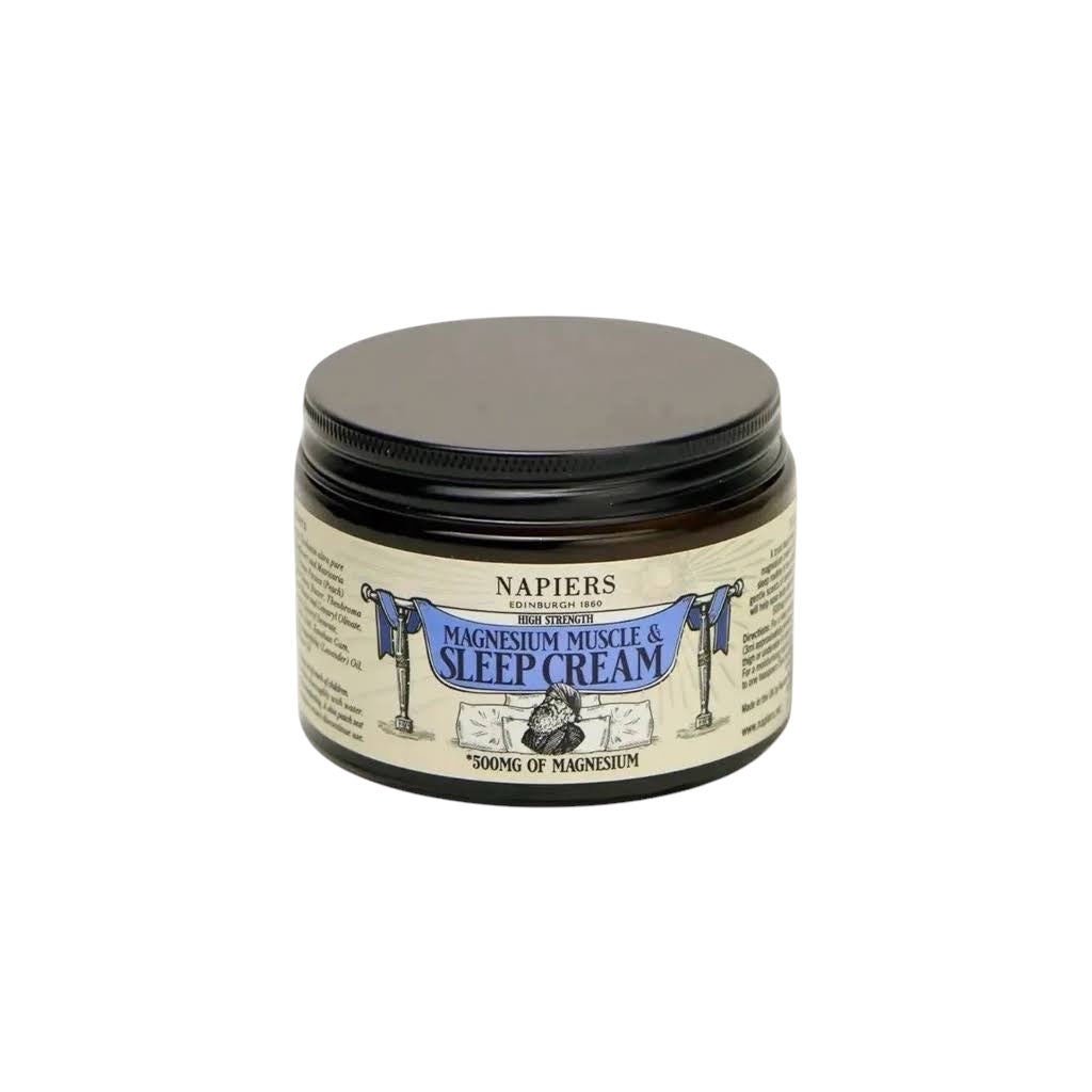 Napiers Magnesium Muscle & Sleep Cream 325g with black lid, beige label—promotes muscle relaxation and restful sleep.