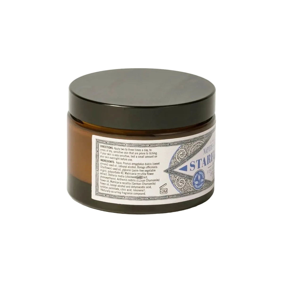 Napiers Starflower Dry Skin Cream 376.48g in a brown jar with black lid, label showing directions and natural ingredients.
