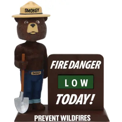 Smokey Bear National Bobblehead by Fire Danger Low sign says Prevent Wildfires, wildfire prevention public safety icon.