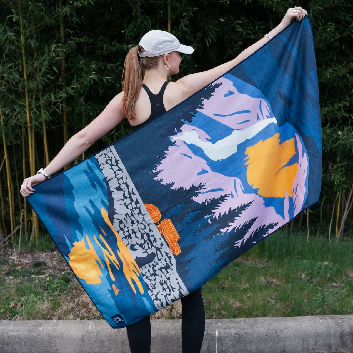 Forager Provisions LTD Sprints Yosemite car seat cover towel featuring a colorful mountain landscape graphic