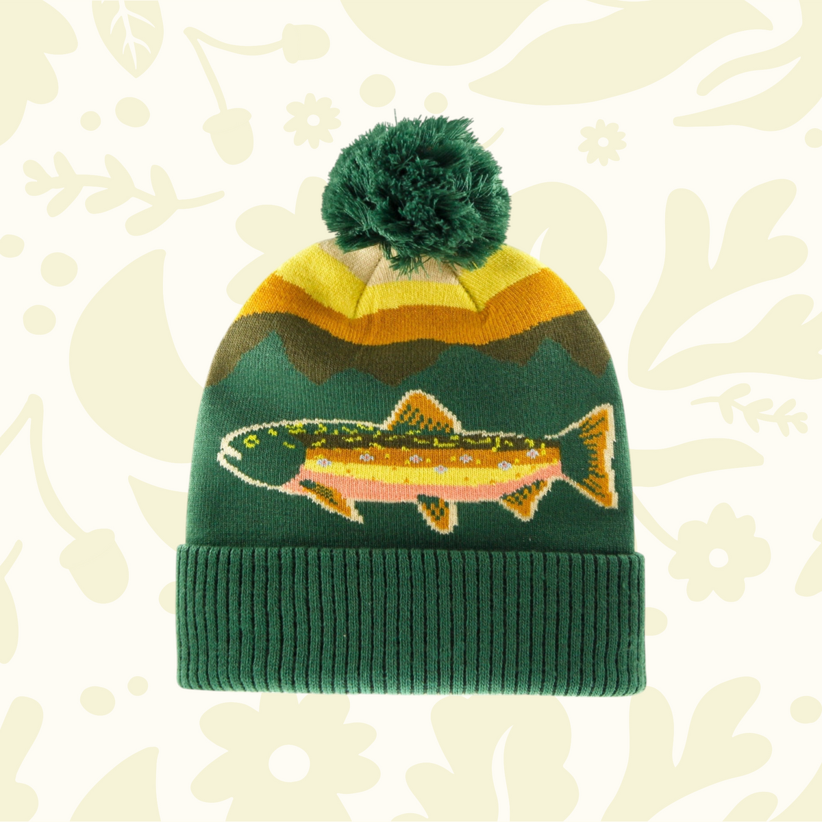 Northern Icons Creations rainbow trout beanie with pom-pom; mountain pattern; perfect outdoor winter hat for fishing enthusiasts.