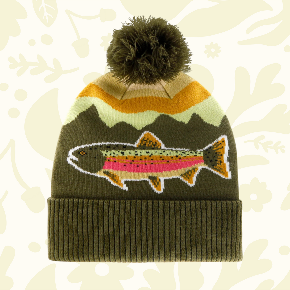 Northern Icons Creations Weekend Hooker Brook Trout Beanie—olive green mountain design, stylish pompom hat for outdoor lovers.