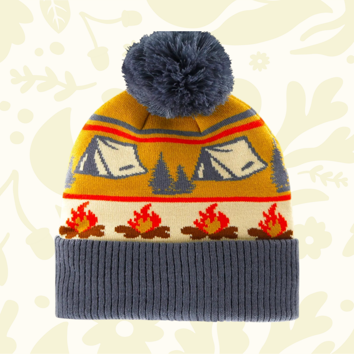 Northern Icons Creations Camp Life beanie: blue cuff, yellow top, campfire pattern, cozy outdoor pompom hat for camping.