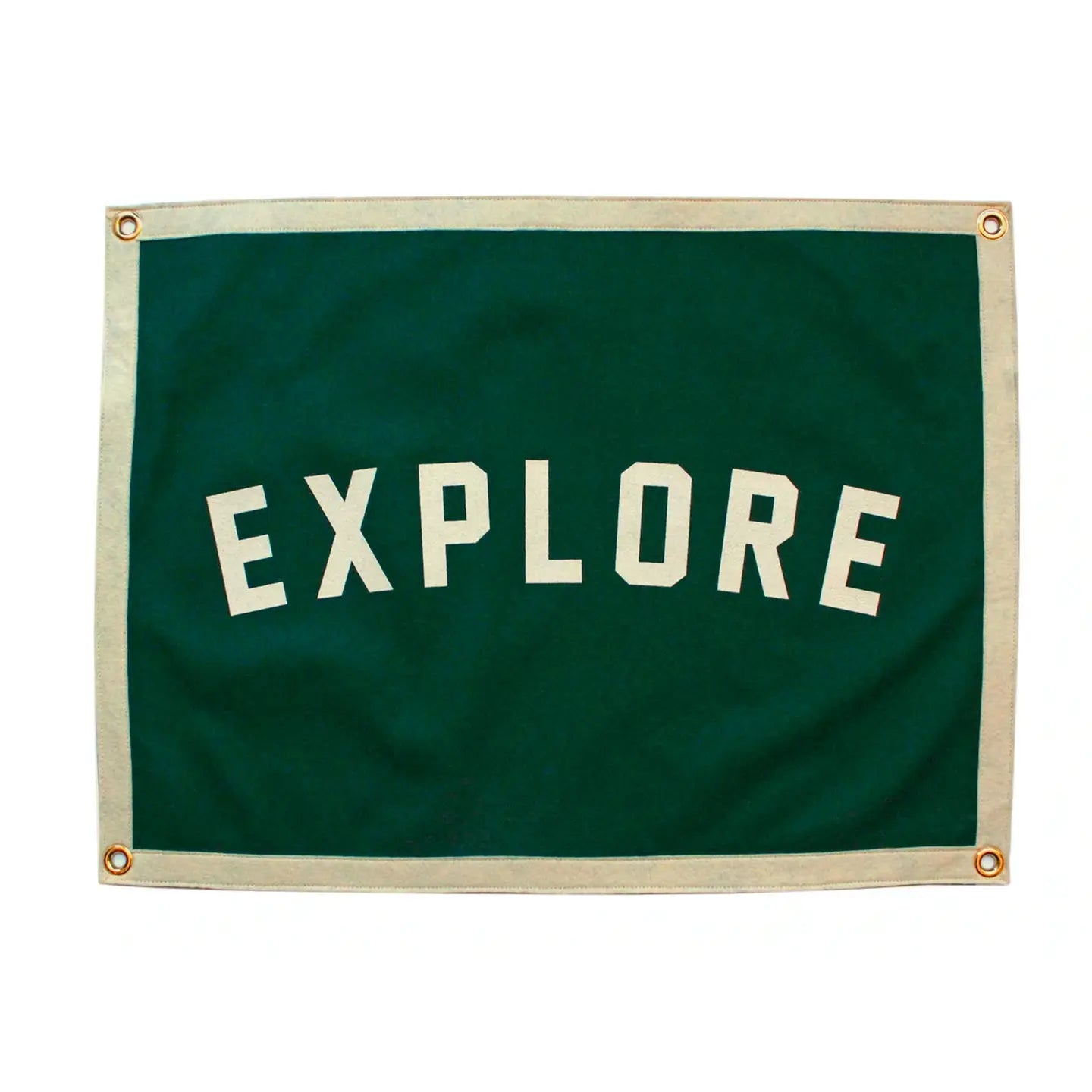 Oxford Pennant EXPLORE Camp Banner: green wool felt, white border, camp wall decor for outdoor and adventure lovers.