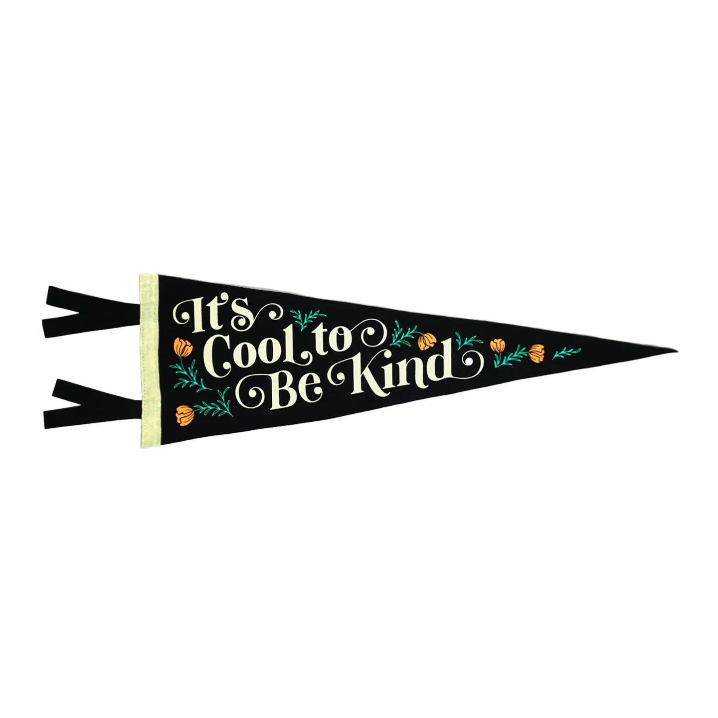 Oxford Pennants It’s Cool To Be Kind black wool felt pennant with bold white and yellow lettering, inspiring modern décor.