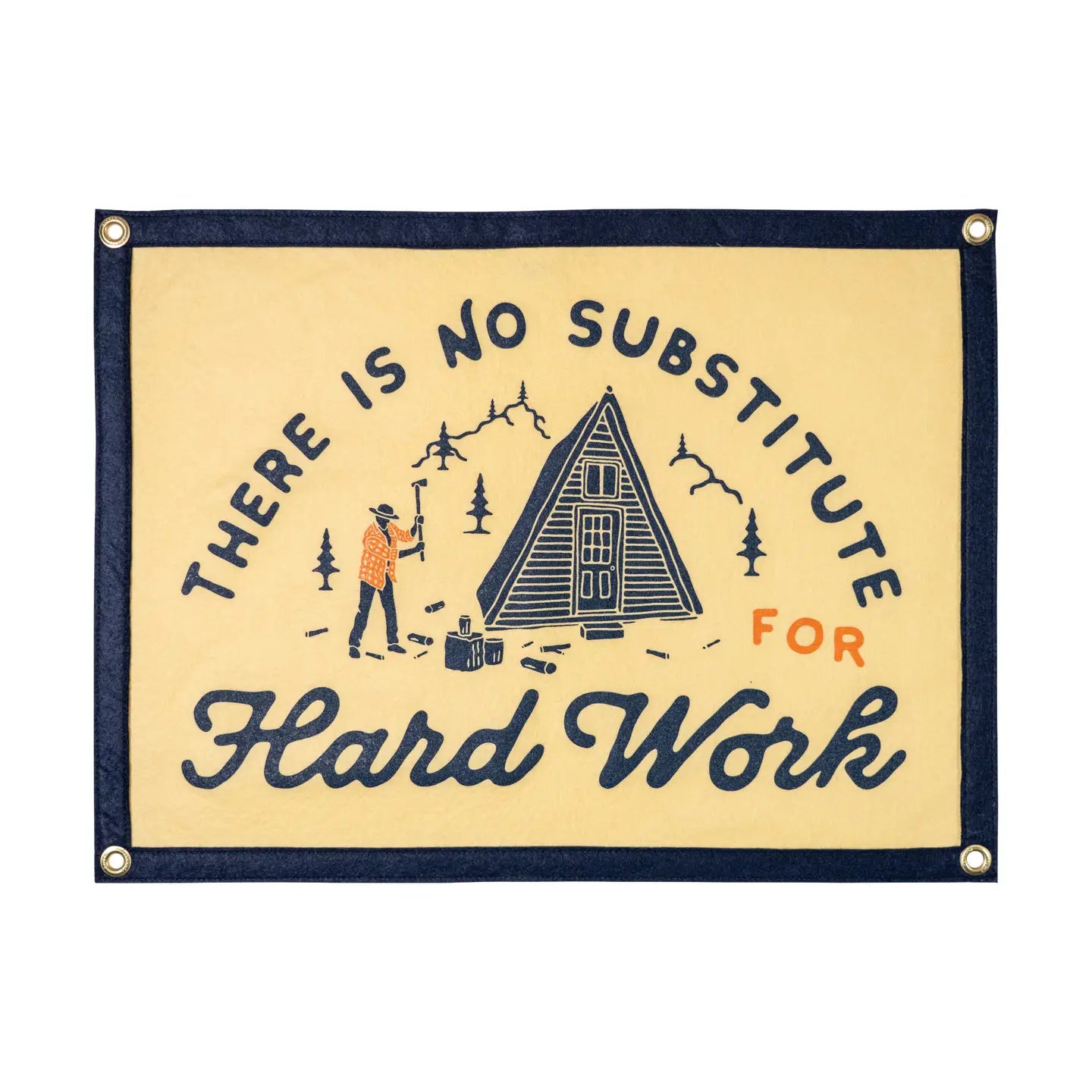 Oxford Pennant camp flag with 'There Is No Substitute For Hard Work' text in a bold, classic design, perfect for decor.