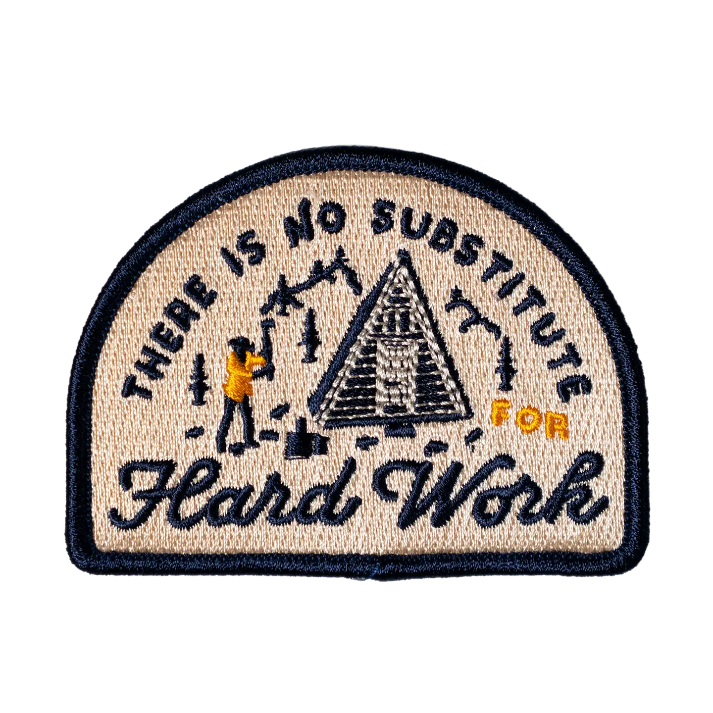 Oxford Pennant "There Is No Substitute For Hard Work" patch with vintage log cabin and wood-chopping scene, motivational design.