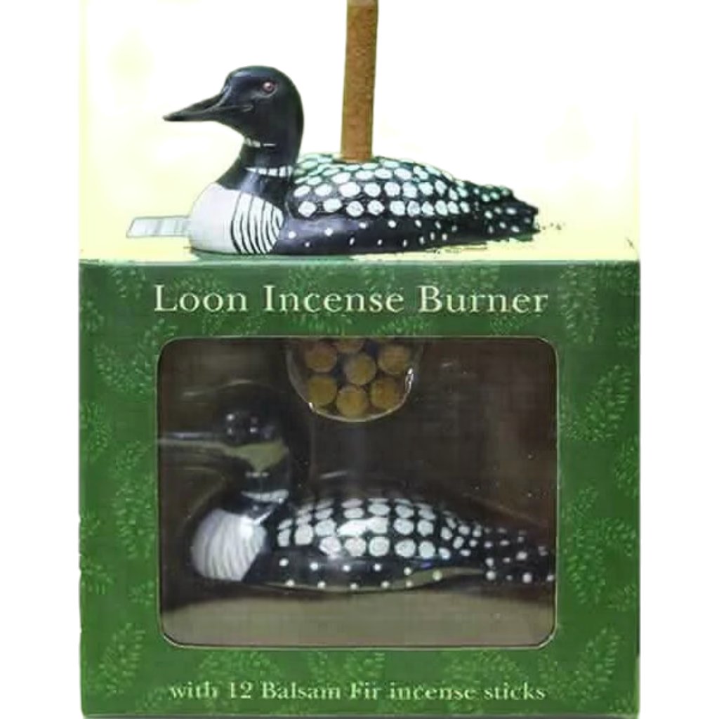 PAINES Incense Loon Incense Holder with 12 Balsam Fir logs in a green box.