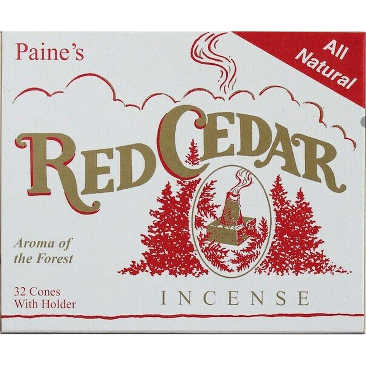 The PAINES Red Cedar Incense Cones & Holder (32 CONES) box, adorned with red and gold text, depicts forest trees and a smoking incense cone. Text: "Aroma of the Forest." Bring the forest scent of Christmas into your home with PAINES Red Cedar Incense.