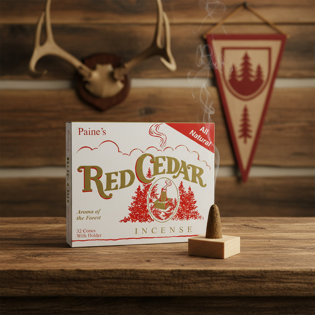 Paines Red Cedar Incense Cones 32 Pack with Holder on table brings natural, rustic cabin fragrance to home or office space.