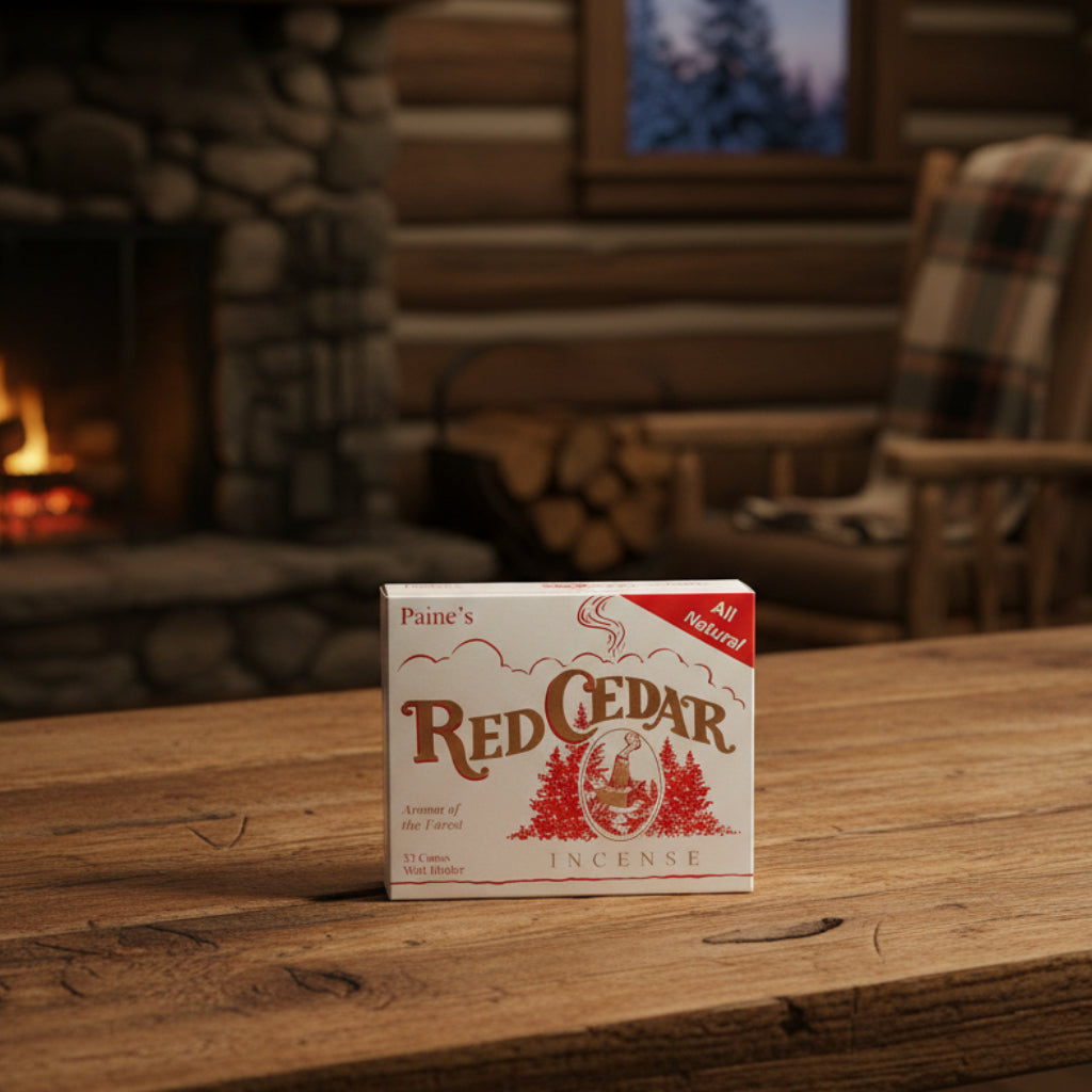Paines Red Cedar Incense Cones 32 Pack with Holder on wooden table in cozy room by fireplace; perfect for natural home fragrance.