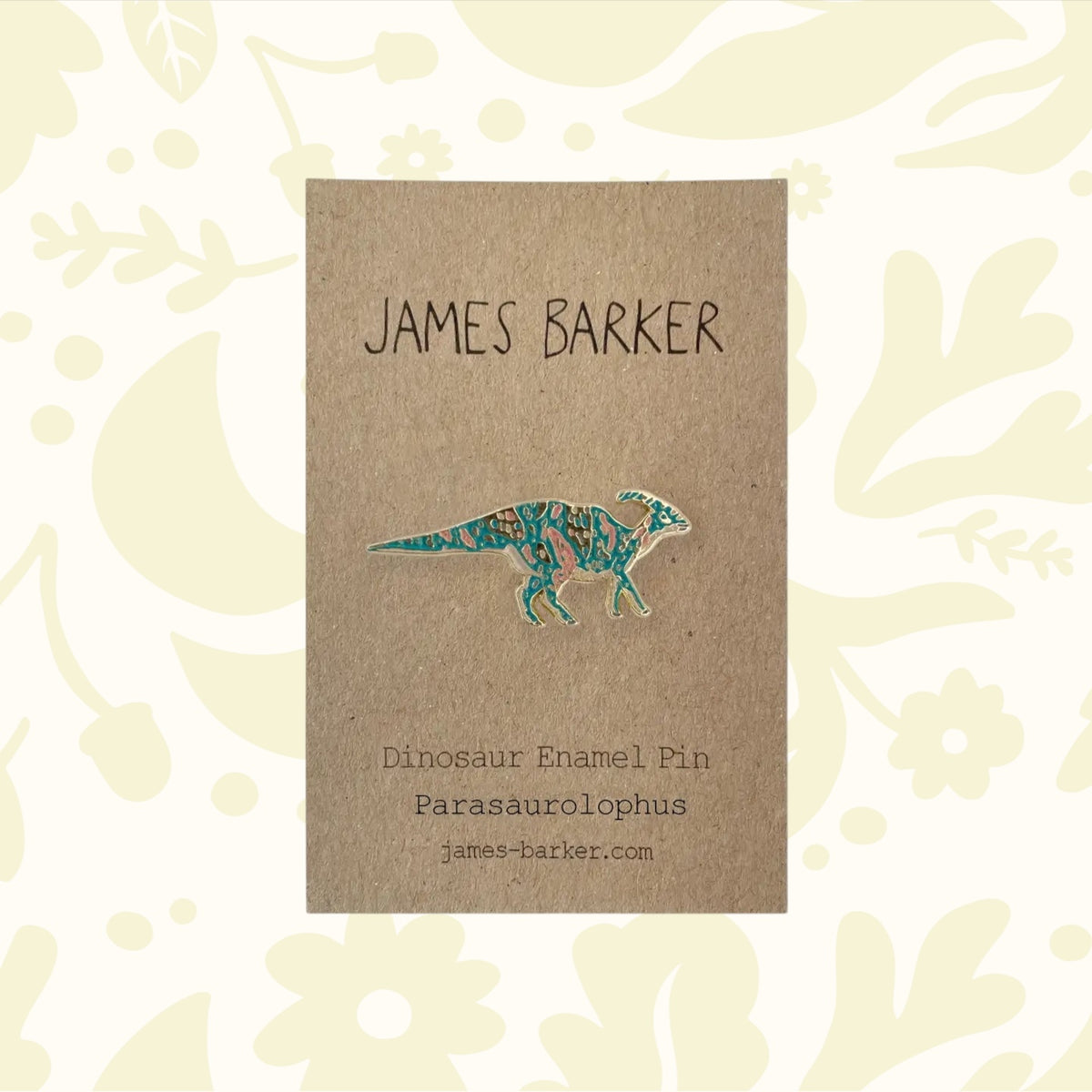 James Barker Parasaurolophus dinosaur enamel pin badge on display card—perfect collectible gift for dino lovers and pin collectors.