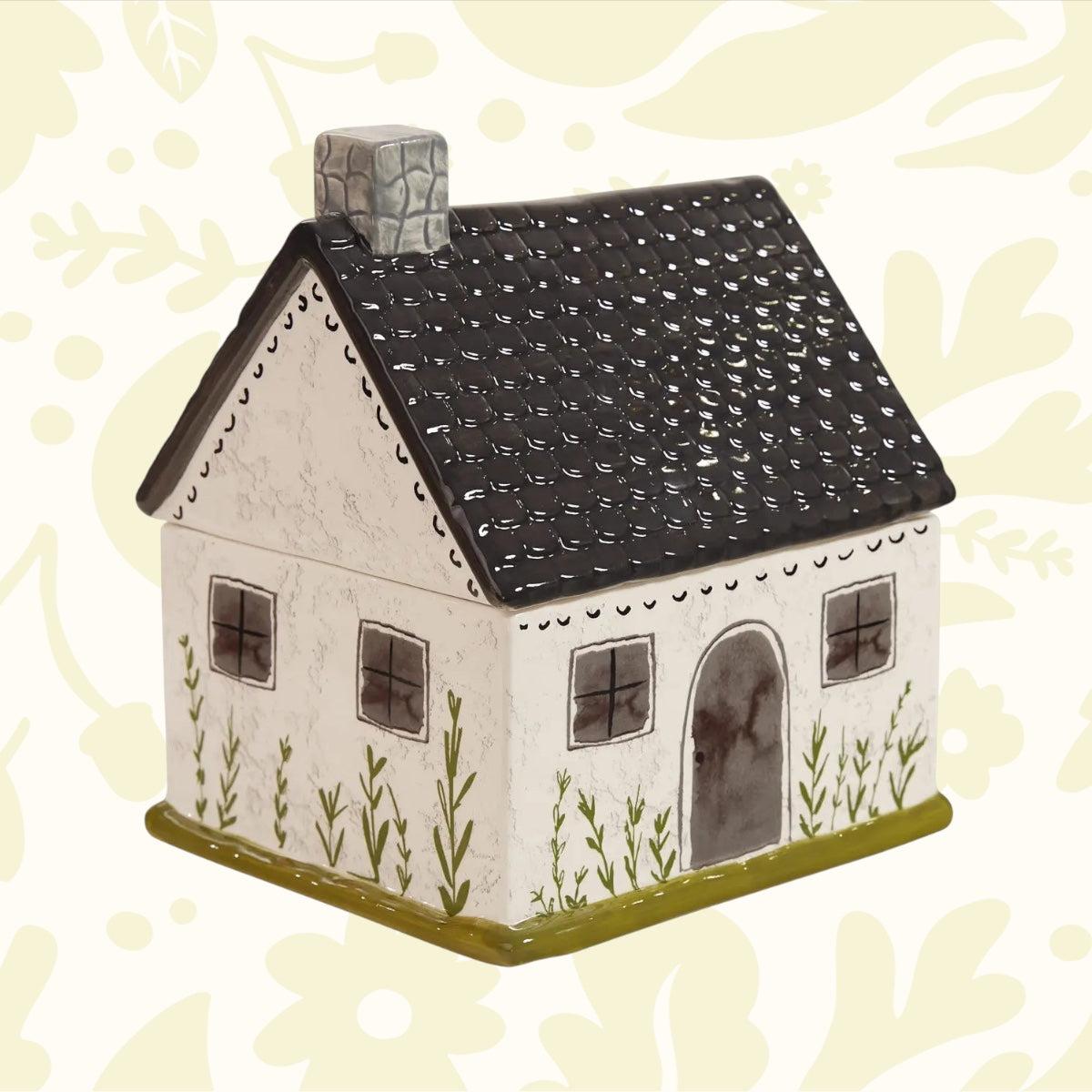 Forager Provisions LTD Park Designs dolomite cookie jar shaped like a primitive folk house with a black roof