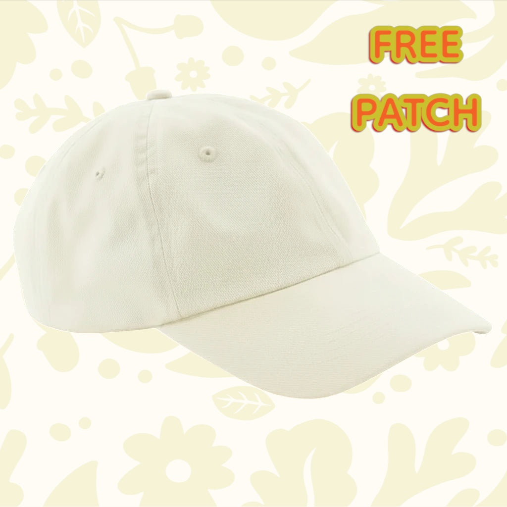Forager Provisions beige dad cap Patch Your Cap! on floral background, FREE PATCH promo in vibrant text hat accessory.