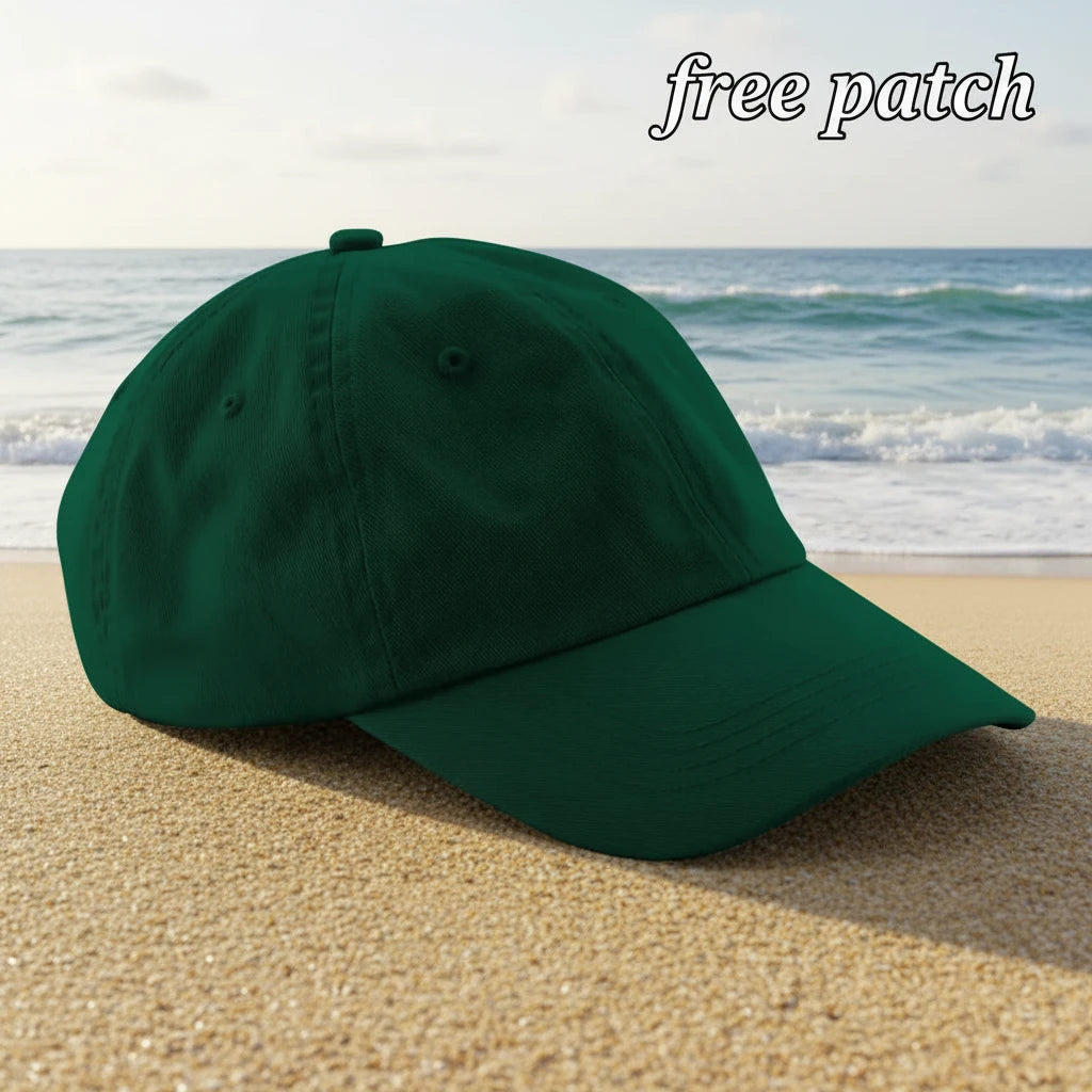 Forager Provisions Patch Your Cap! Low Profile Bottle Green Dad Cap, unisex style, front and side views on white background.
