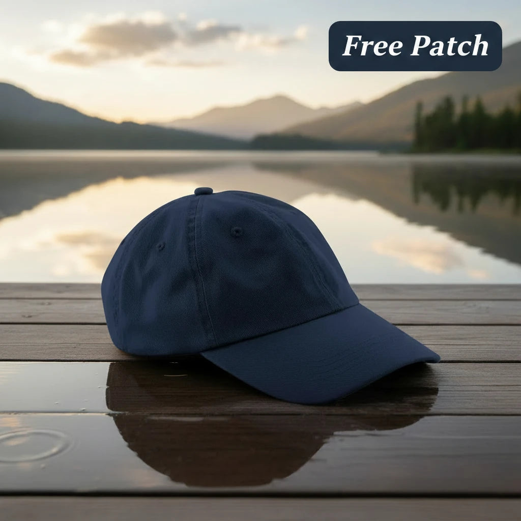 Forager Provisions navy cotton dad hat, 6-panel, curved brim, low profile. Classic cap style on white background.