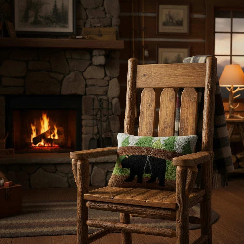 Rustic Peking Handicraft Canoe Bear wool cushion—black bear cabin decor, cozy lodge pillow, handcrafted woodland accent.