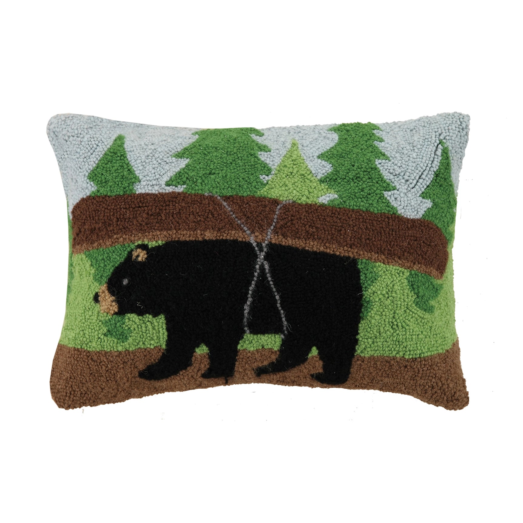 Rustic Peking Handicraft Canoe Bear wool cushion—black bear cabin decor, cozy lodge pillow, handcrafted woodland accent.
