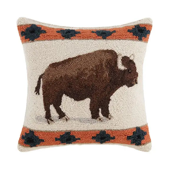 The Peking Handicraft Buffalo Wool Hook Cushion is a 16x16" throw pillow adorned with an image of a brown bison on a white background. It features an orange border highlighted with black, blue, and brown accents. Made from 100% wool on the front, this accent pillow has a contrasting soft poly velvet back for added comfort.