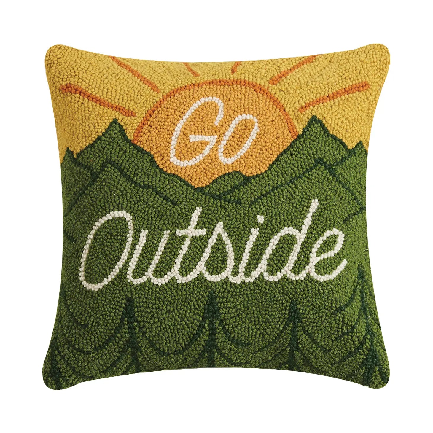 The Peking Handicraft Go Outdoors Hook Cushion is a 16X16" throw pillow featuring a nature-inspired design of green mountains under a bright yellow-orange sun, with the text "Go Outside.