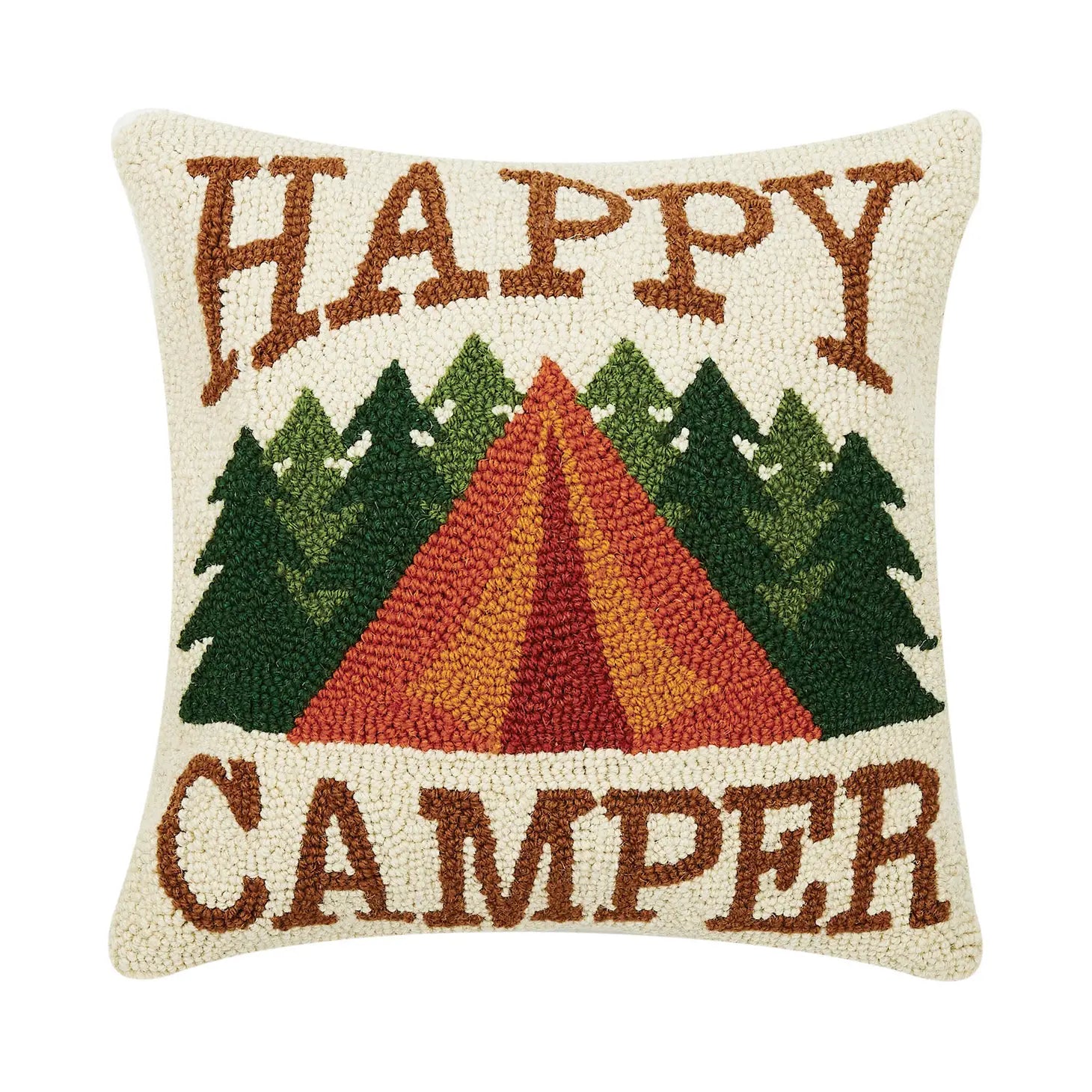 The Peking Handicraft Happy Camper Wool Hook Cushion is a square accent pillow featuring the text "Happy Camper" and an image of a red tent surrounded by green trees.