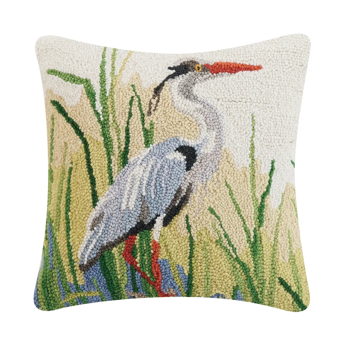 The Peking Handicraft Heron Hook Cushion is a 16x16" wool hooked pillow with a colorful needlepoint design featuring a heron standing amidst tall grass, inspired by The Boy & The Heron.