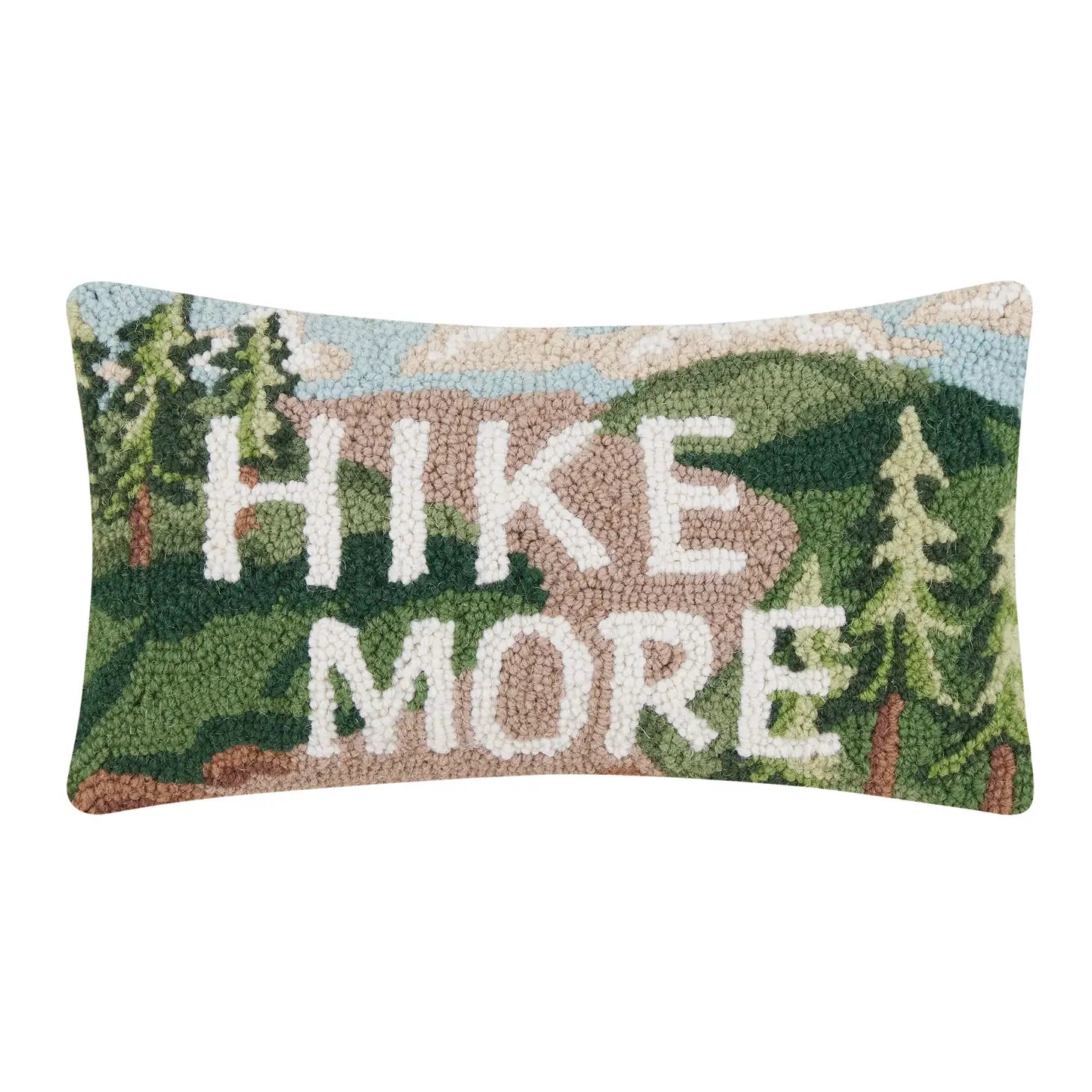 The Peking Handicraft Hike More Hook Cushion is a rectangular wool hooked accent pillow showcasing a nature-themed design. The words "HIKE MORE" in white are encircled by green trees and a blue sky, making this pillow an ideal choice for any outdoor enthusiast.