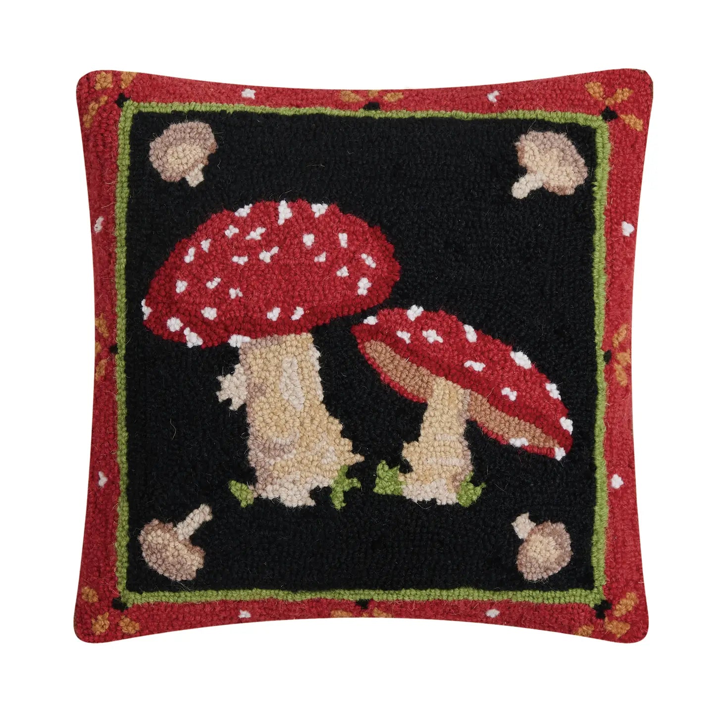 The Peking Handicraft Mushroom Mania Hook Cushion features a striking black background with two red and white mushrooms at its center, complemented by a red border decorated with smaller mushrooms. It's simply "shrooming great"!