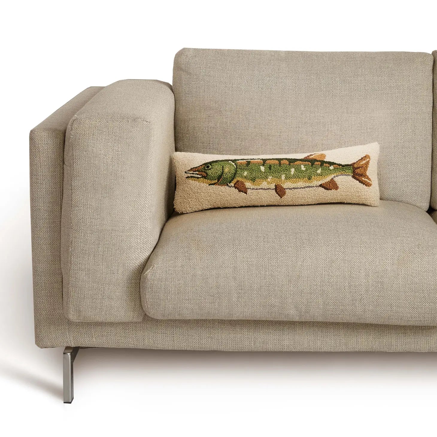 The Peking Handicraft Pike Wool Hook Cushion is an 8x24" throw pillow featuring a hooked design showcasing a green and brown fish on a beige background. Made from 100% wool, this hooked accent pillow adds a charming touch to any decor.
