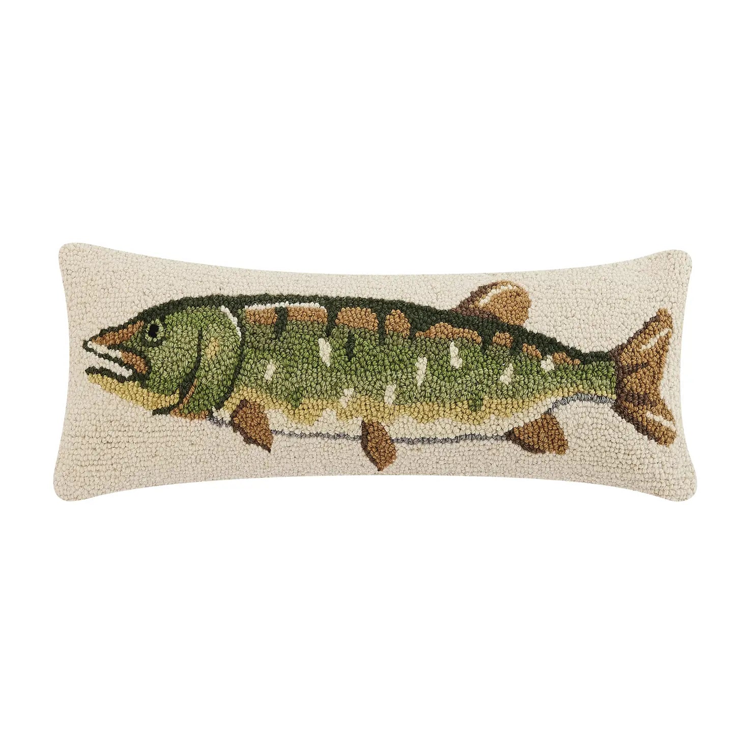 The Peking Handicraft Pike Wool Hook Cushion is an 8x24" throw pillow featuring a hooked design showcasing a green and brown fish on a beige background. Made from 100% wool, this hooked accent pillow adds a charming touch to any decor.