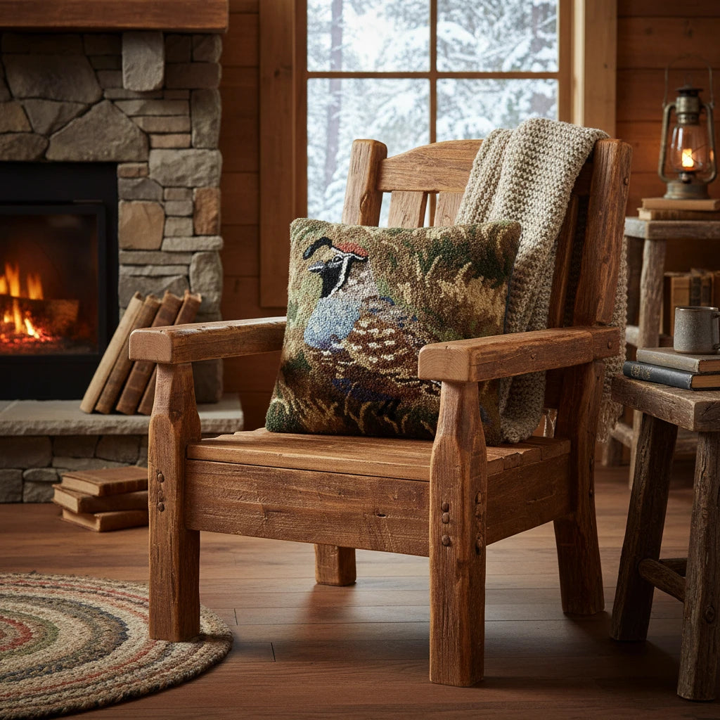 Peking Handicraft Quail Wool Hooked Cushion 16x16, farmhouse decor pillow, features a quail in green grass for cozy style.