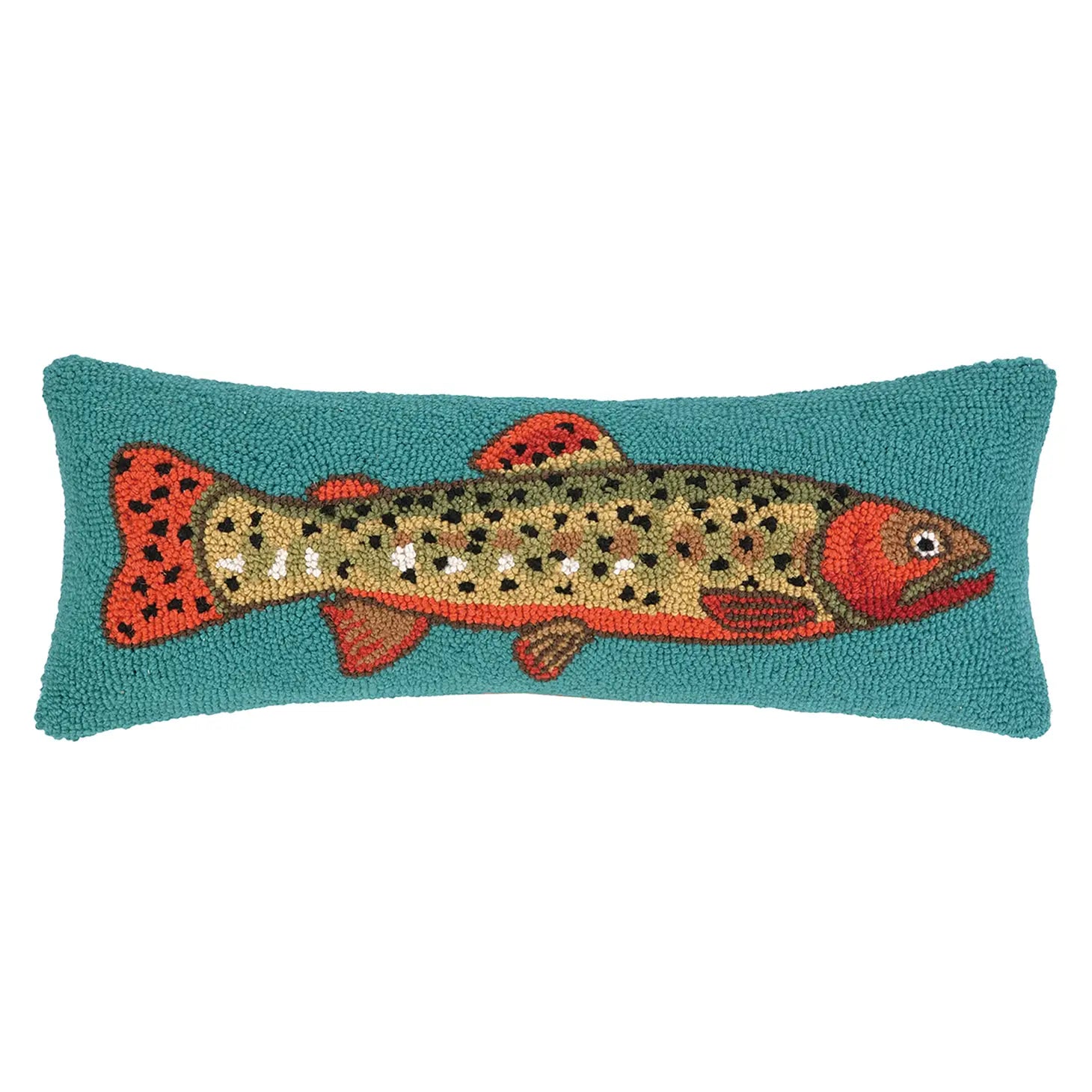 The Peking Handicraft Rainbow Trout Wool Hook Cushion is a rectangular teal throw pillow measuring 8x22", featuring a colorful embroidered trout fish design with orange fins and a speckled body. Made from 100% wool and hooked for meticulous detail, this accent pillow is filled for maximum comfort.