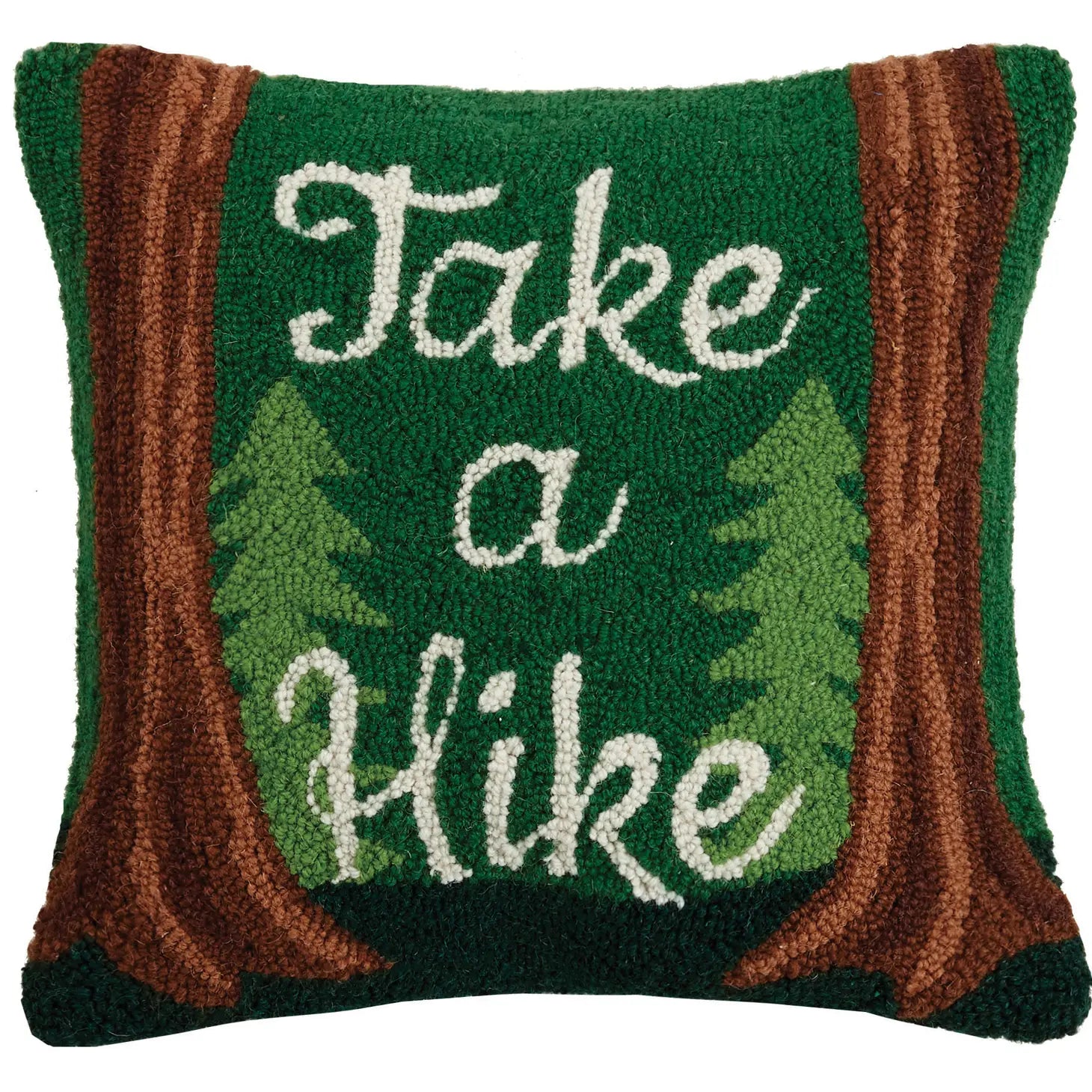 The Peking Handicraft Take A Hike Wool Hook Cushion is a green 16x16" throw pillow featuring tree designs and brown borders, with the text "Take a Hike" in white, crafted in a hooked wool style.
