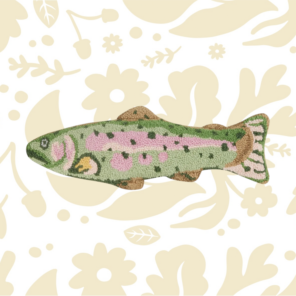 Peking Handicraft Rainbow Trout Wool Hook Cushion for fishing cabins, features a beige floral background, unique decor charm.