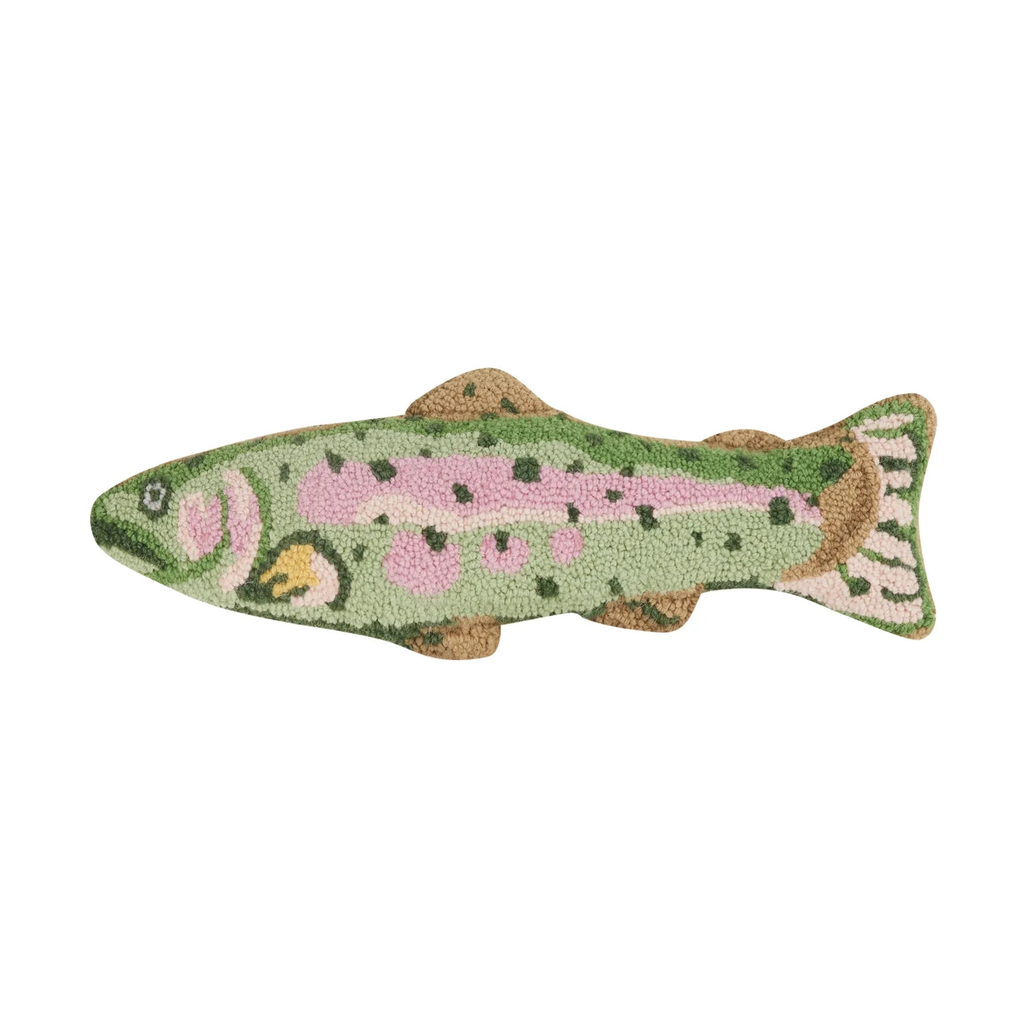 Introducing the Peking Handicraft Rainbow Trout Wool Hook Cushion, a vibrant fish-shaped rug crafted entirely from 100% wool. It features intricate patterns in pink, green, and beige, along with detailed spots and a beautifully designed tail.
