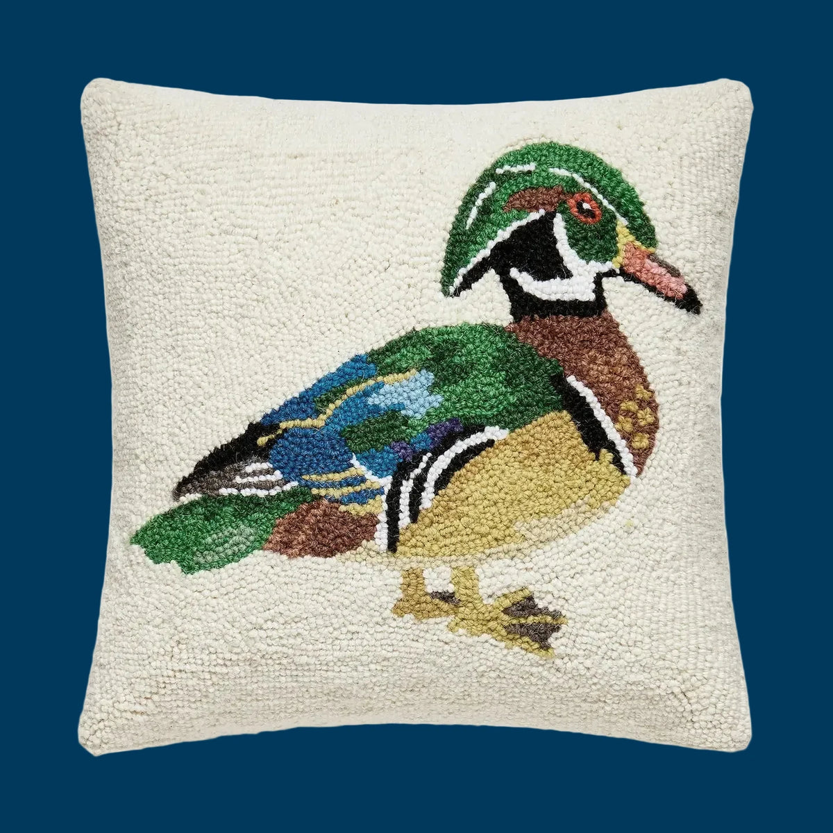 Peking Mallard Wool Hook Cushion features a vibrant duck, perfect for rustic country décor and bird lover gifts.